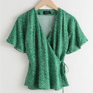 & Other Stories Green White Polka Dot Printed Short Sleeve Wrap Blouse